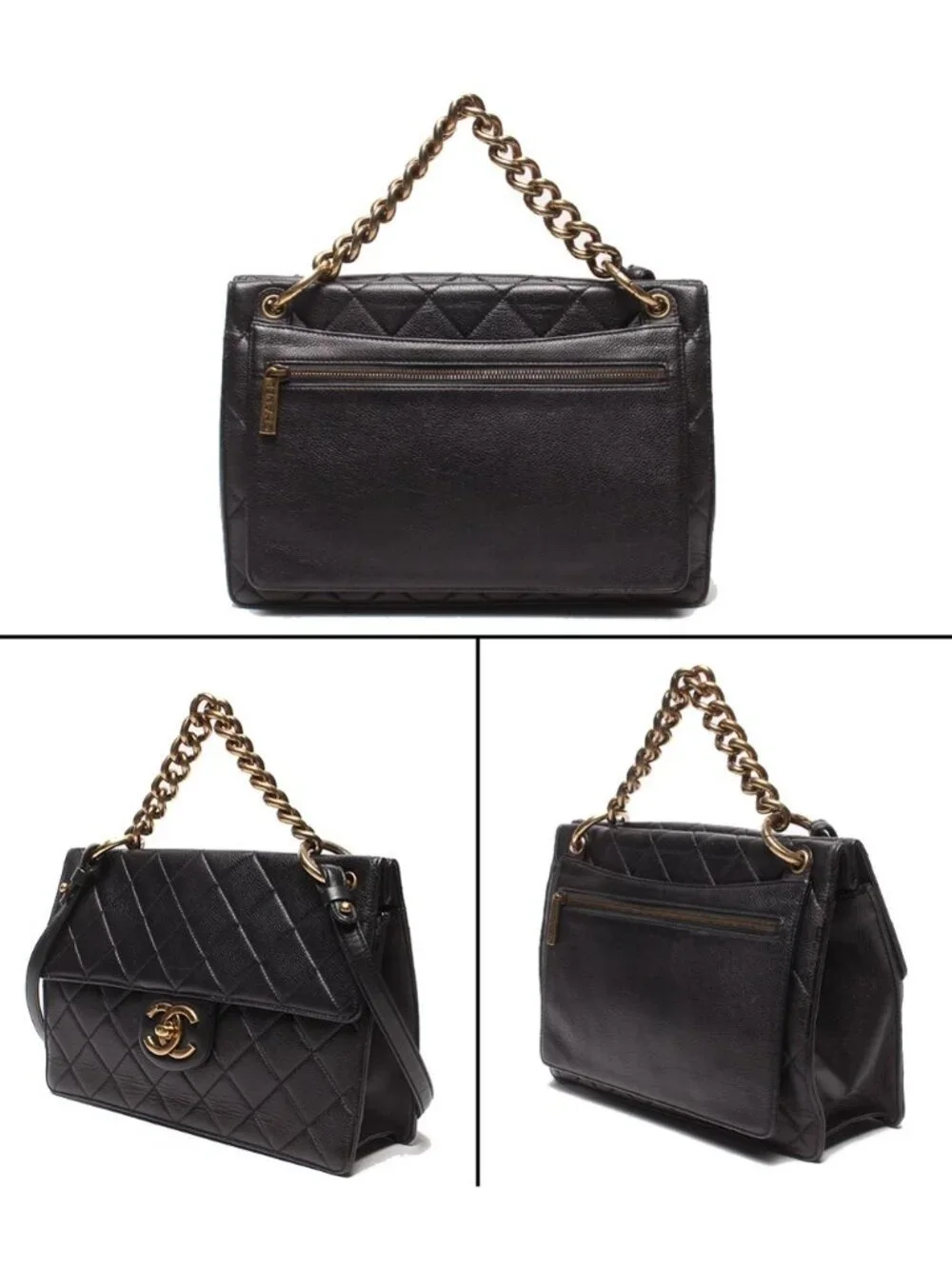 Chanel 2-Way Chain Shoulder Bag Gold Quilted Caviar Leather